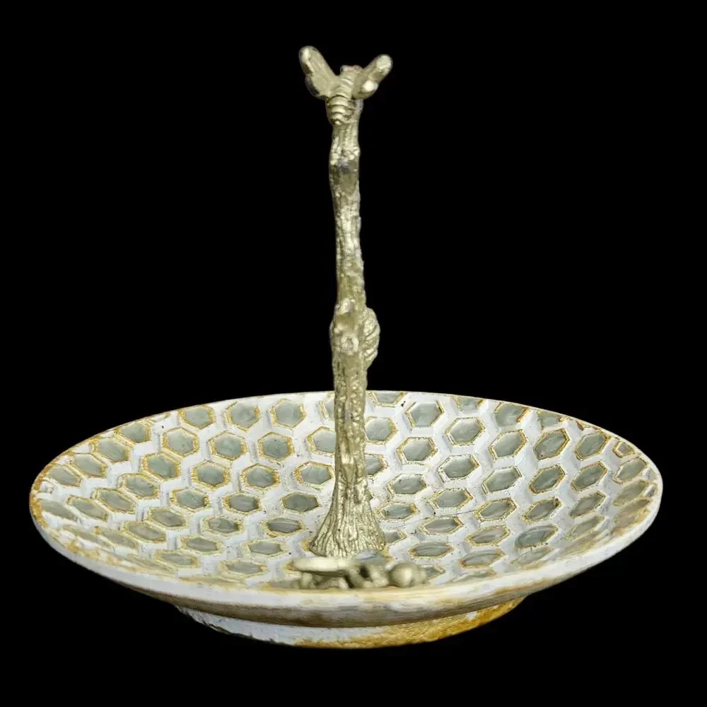 Vintage Bee Honeycomb Ring Dish Jewelry Holder Branch Tree Metal Trinket Tray